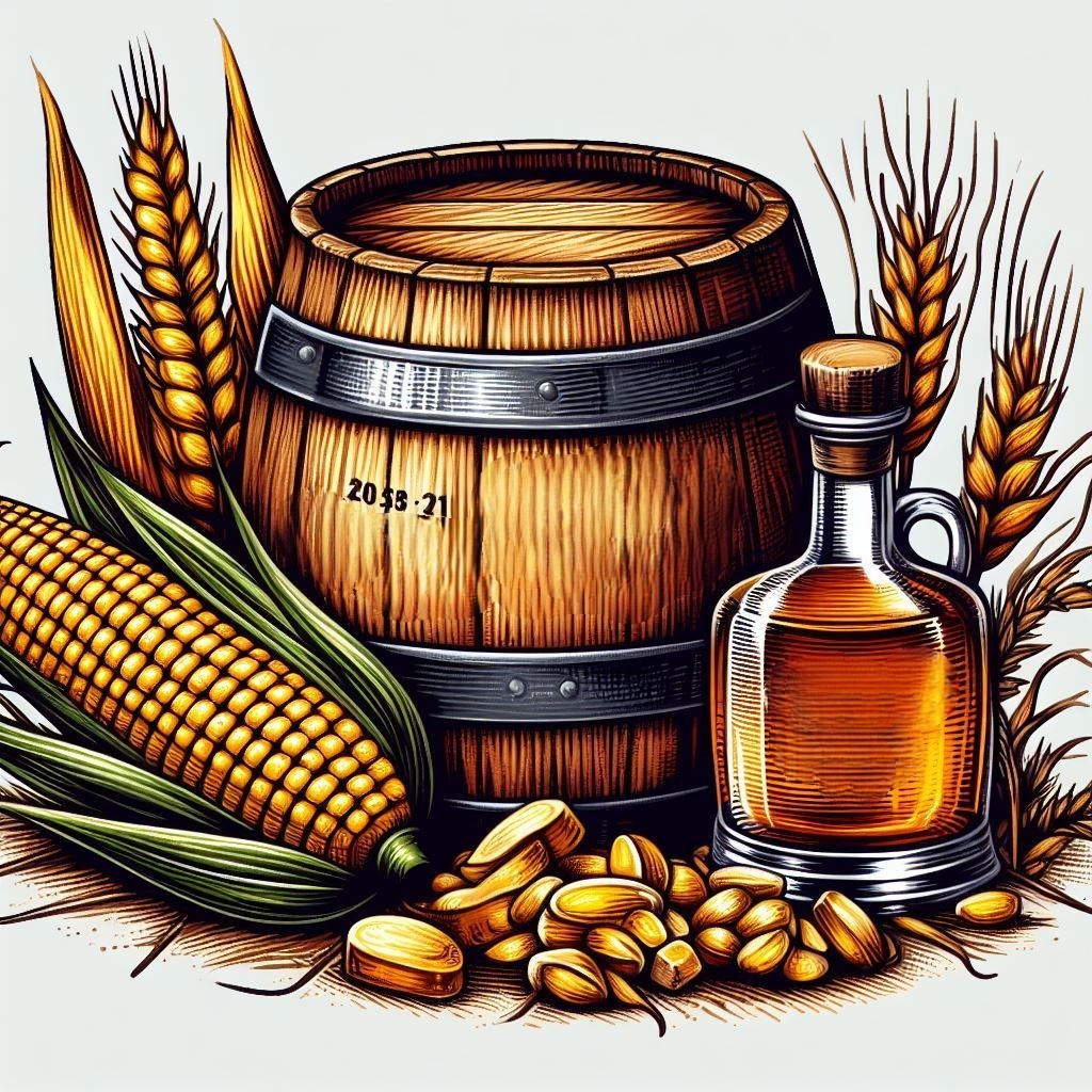 buffalo trace mash bill. corn, rye, and malted barley around a whiskey barrel