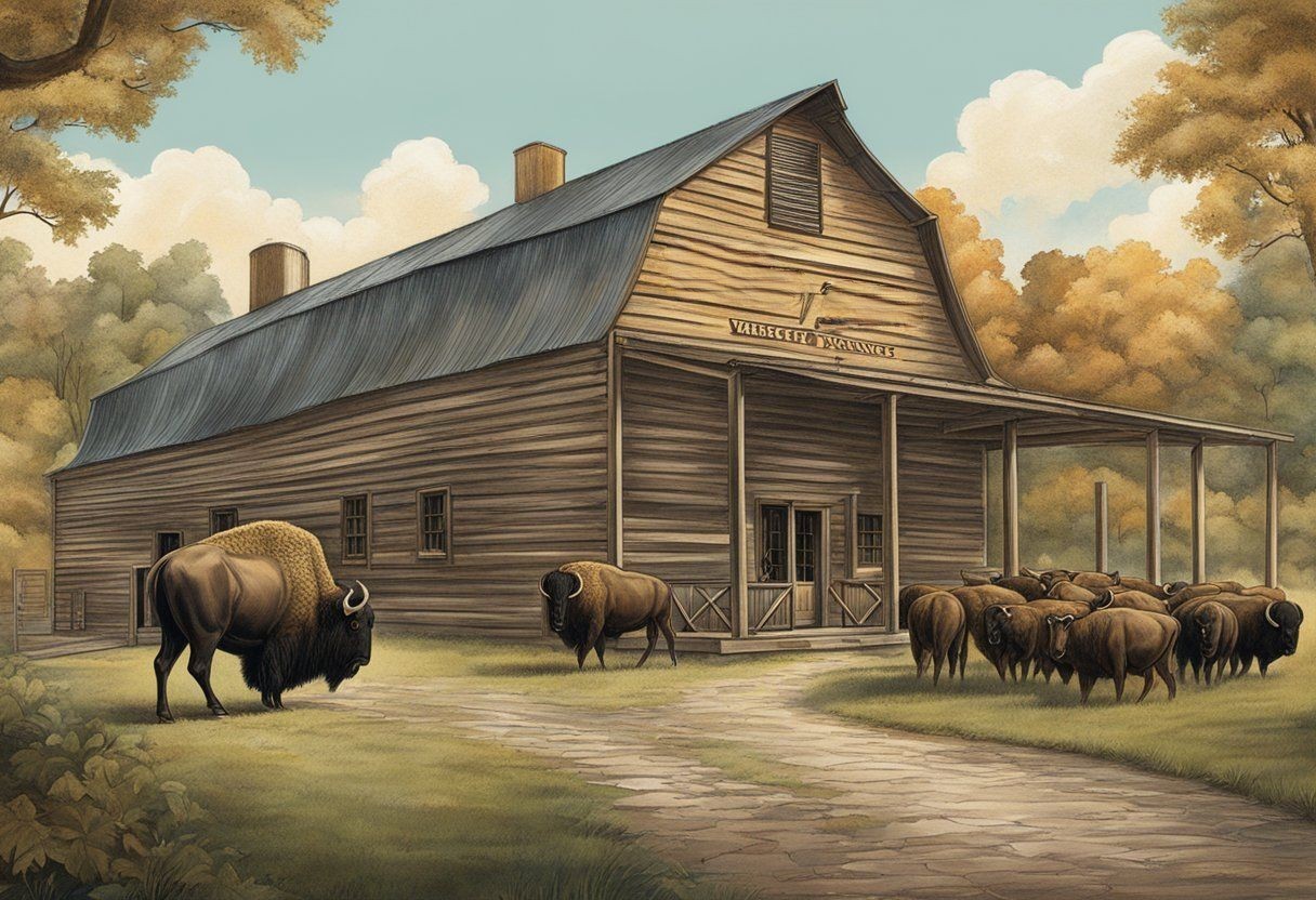 old farmhouse with buffalo roaming around the front.