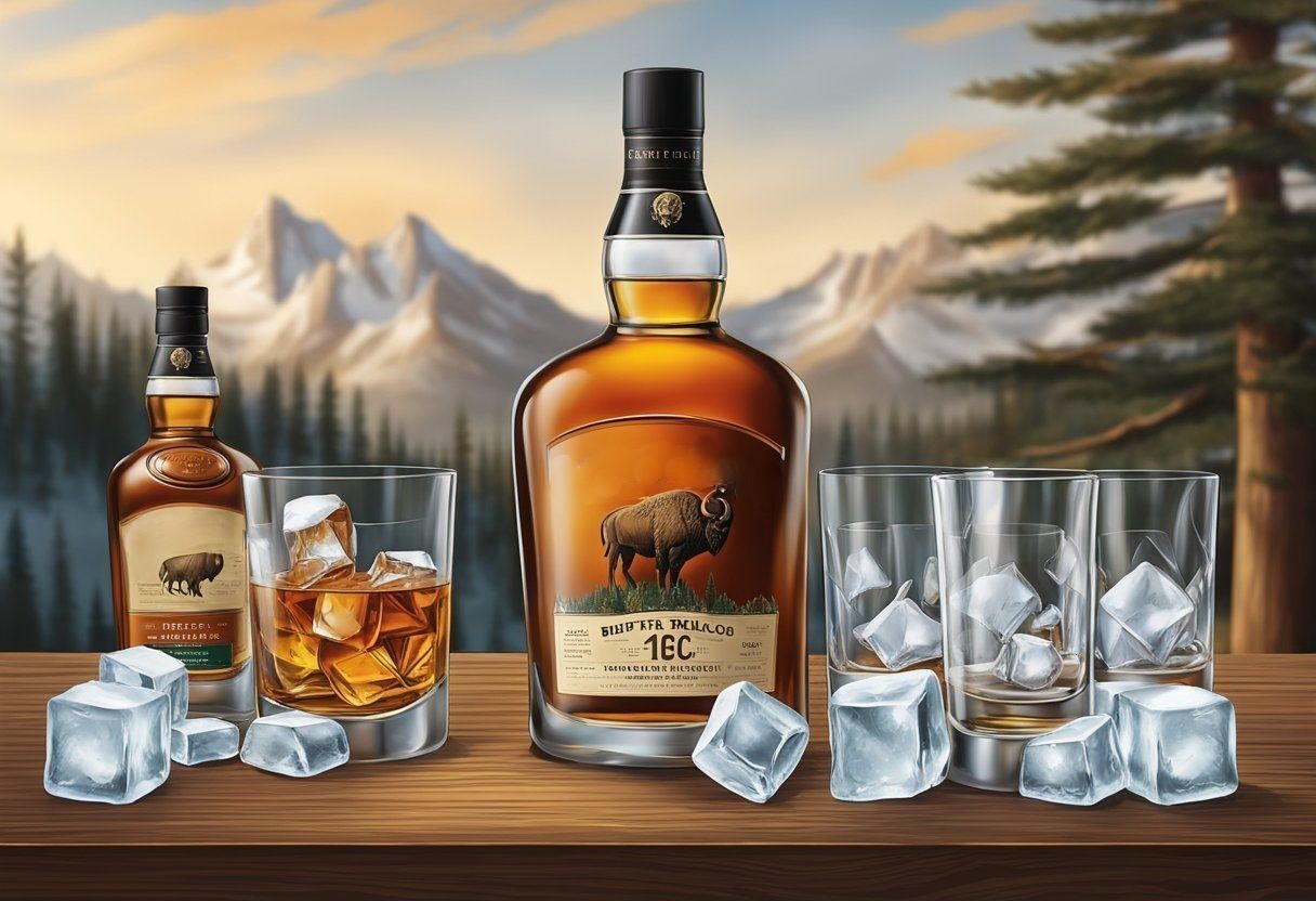 buffalo trace craftmanship bottle of whiskey and a whiskey glasses.